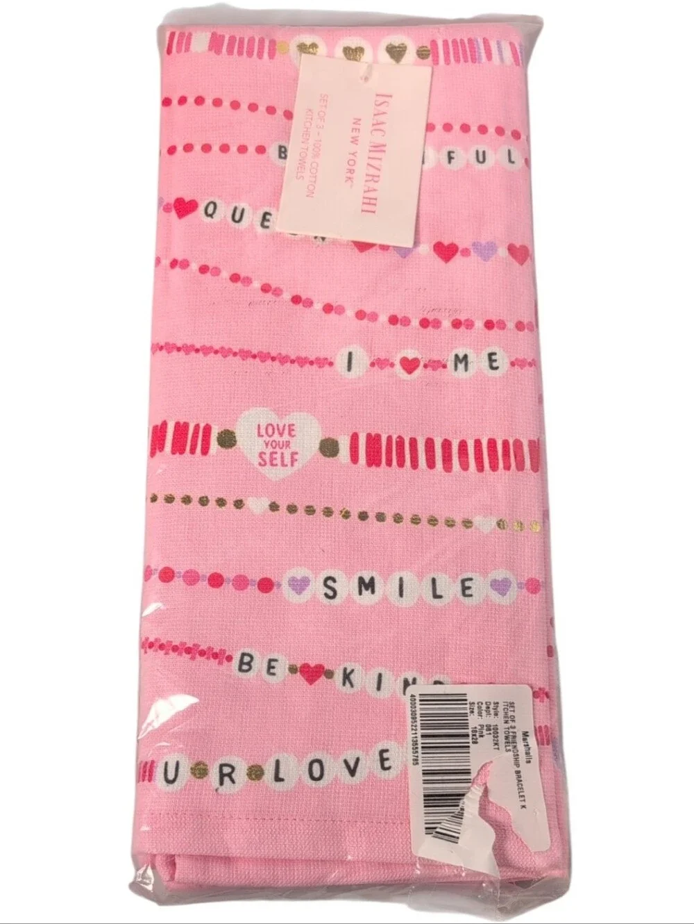 Isaac Mizrahi Set of 3 Pink & White Friendship Bracelet Valentine Kitchen Towels